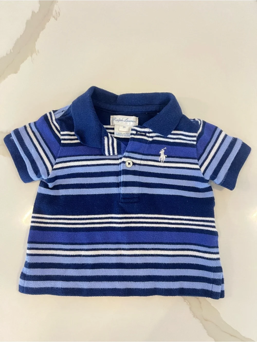 Ralph Lauren Blue & White Striped Polo Shirt | Size 3M